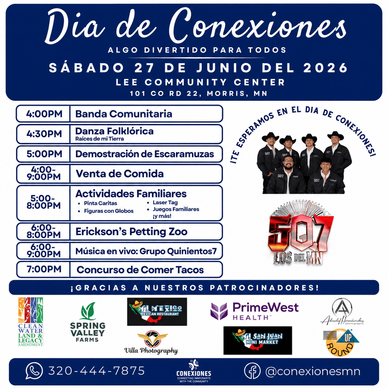 Volante del evento Connections Day con horario, actividades e información de patrocinadores