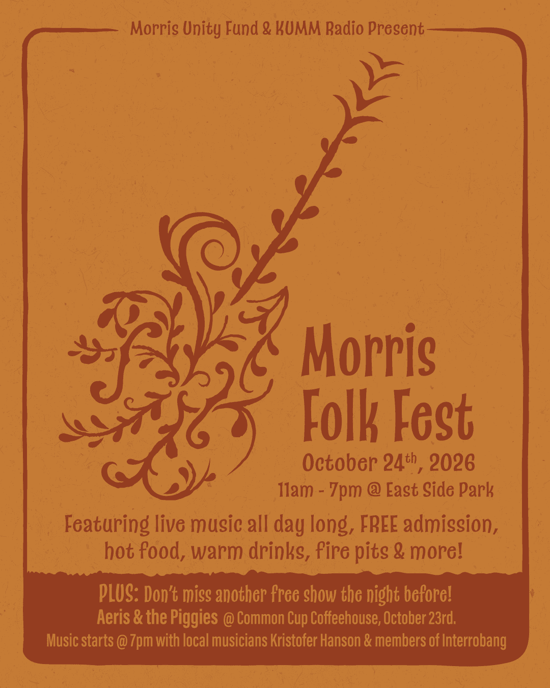 Morris Folk Fest poster for Oct. 24, 2026, from 11 a.m. to 7 p.m. at East Side Park, with free admission, live music, hot food, warm drinks, and fire pits.