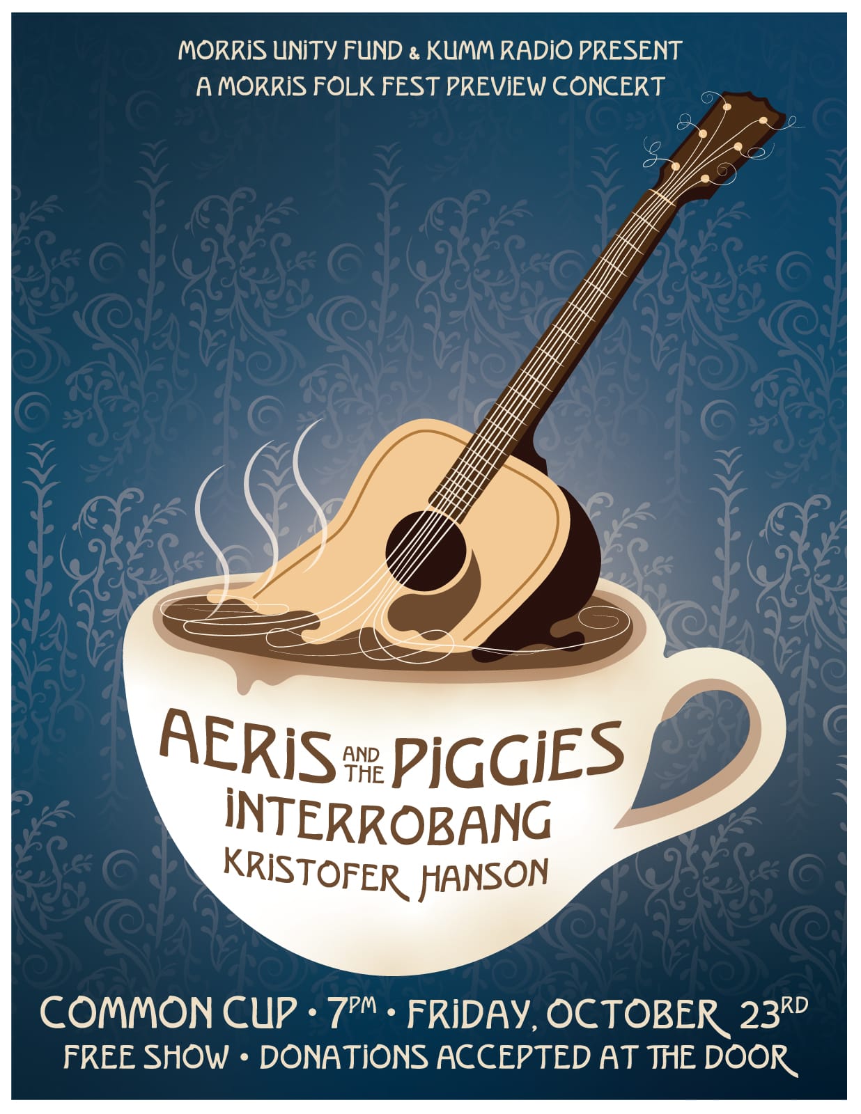 Morris Folk Fest Preview Concert poster featuring Aeris and the Piggies, Interrobang, and Kristofer Hanson at Common Cup on Friday, Oct. 23, at 7 p.m. Free admission, with donations accepted at the door.
