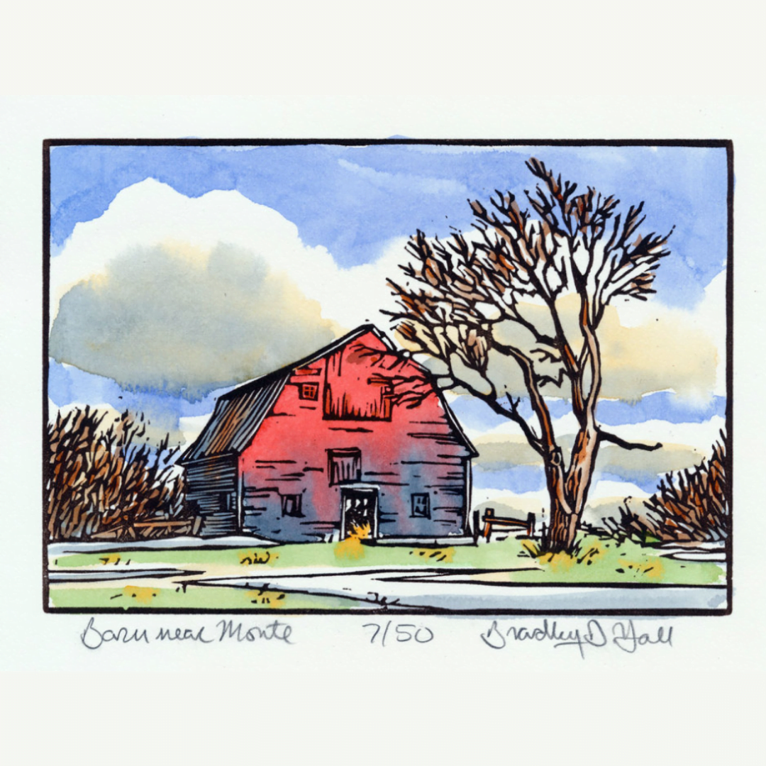 Water color on linoleum block print, featuring a barn.